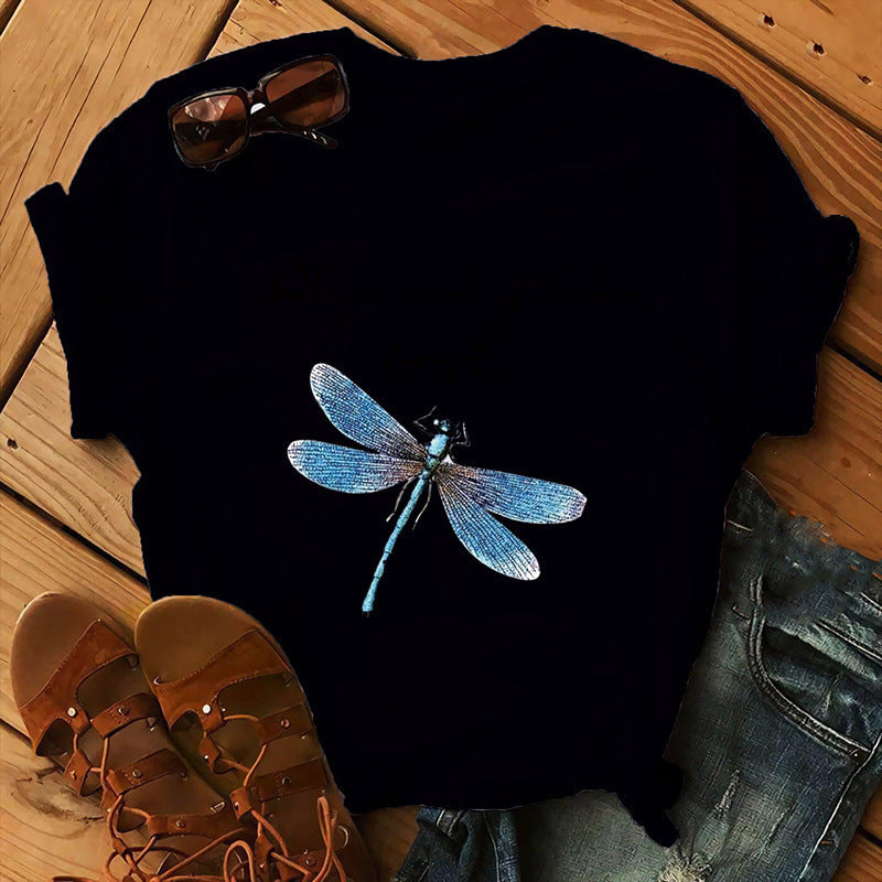 Let It Be Letter Dragonfly Print Casual Women&