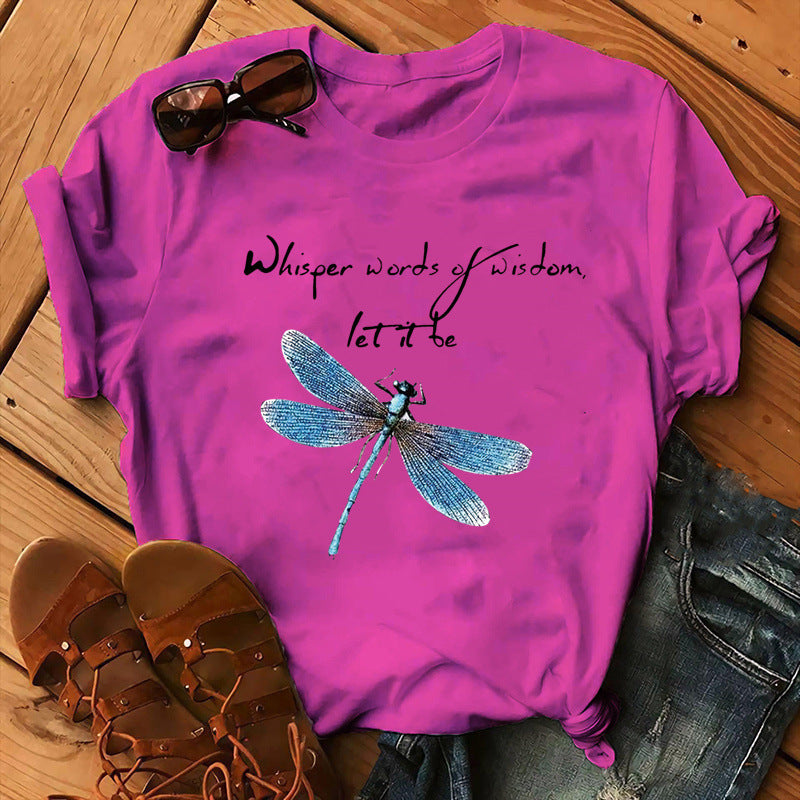 Let It Be Letter Dragonfly Print Casual Women&