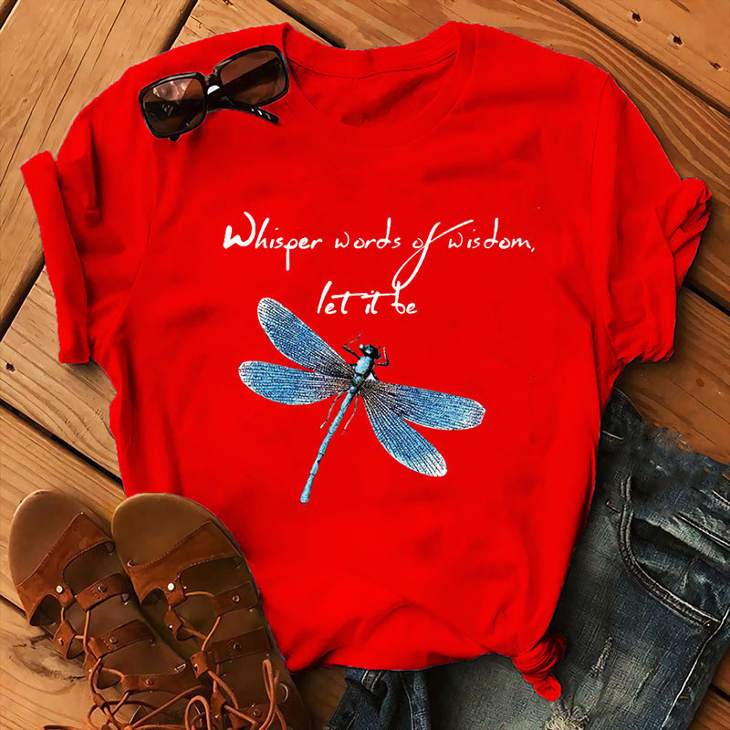 Let It Be Letter Dragonfly Print Casual Women&
