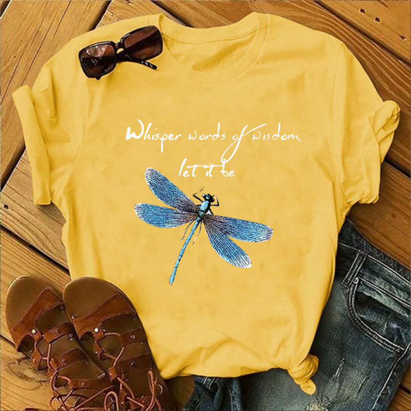 Let It Be Letter Dragonfly Print Casual Women&
