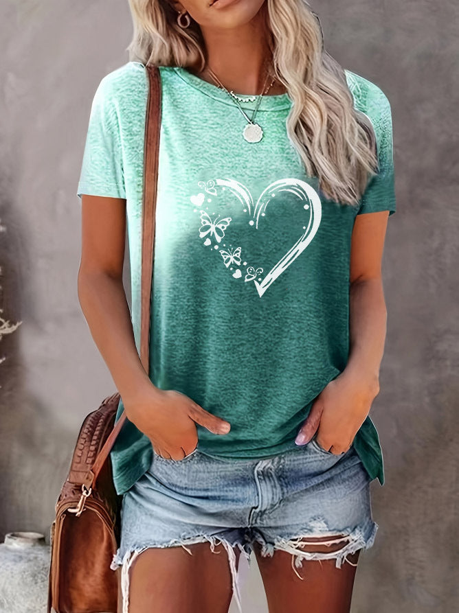 Love Gradient Printing T-shirt - Fashion Street Short Sleeve Round Neck Straight Top