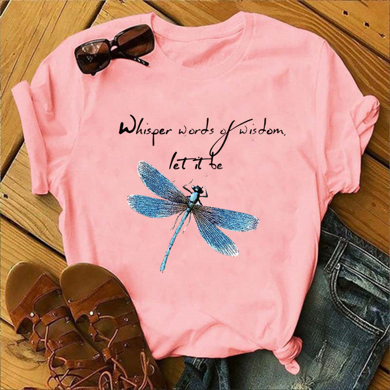 Let It Be Letter Dragonfly Print Casual Women&