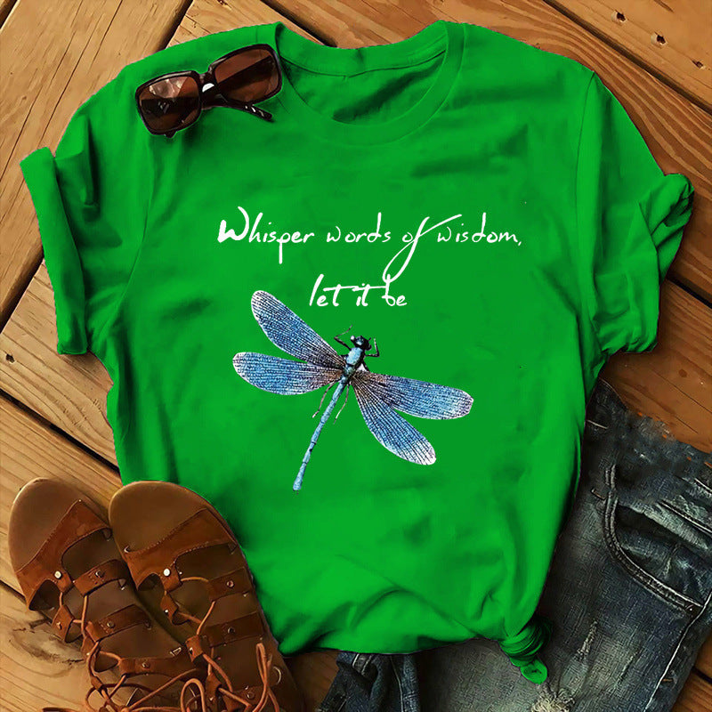 Let It Be Letter Dragonfly Print Casual Women&