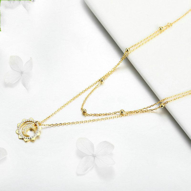 925 Sterling Silver Moon in Sun Pendant Necklace - Gold Finish