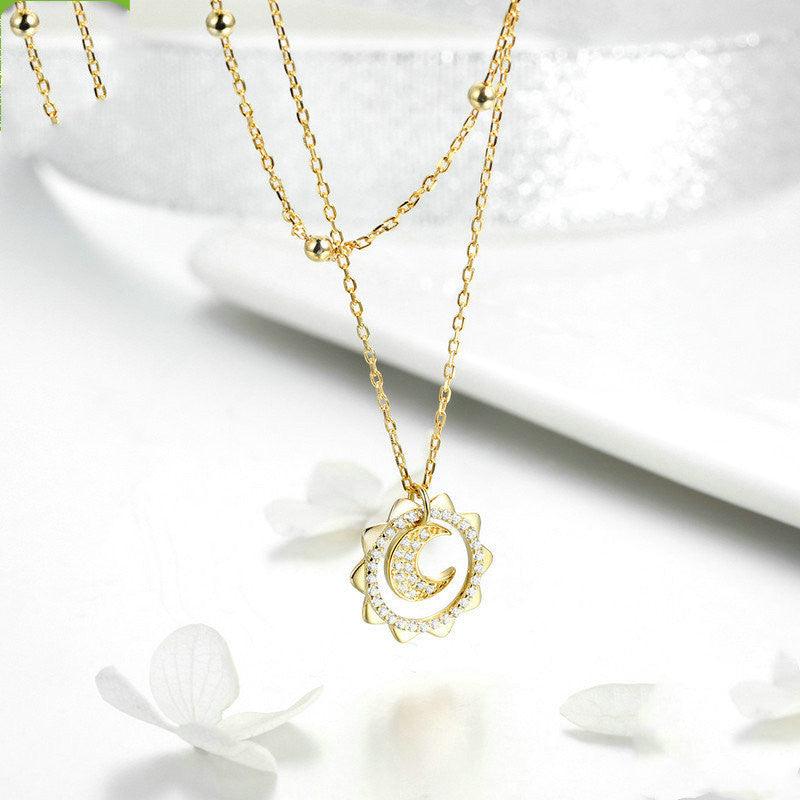 925 Sterling Silver Moon in Sun Pendant Necklace - Gold Finish