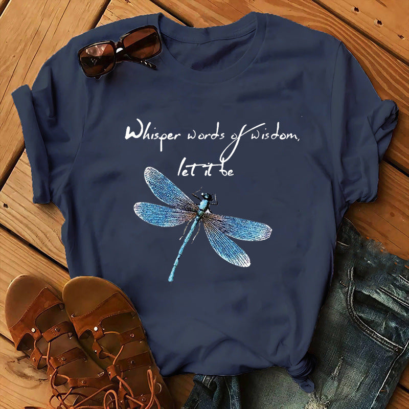 Let It Be Letter Dragonfly Print Casual Women&