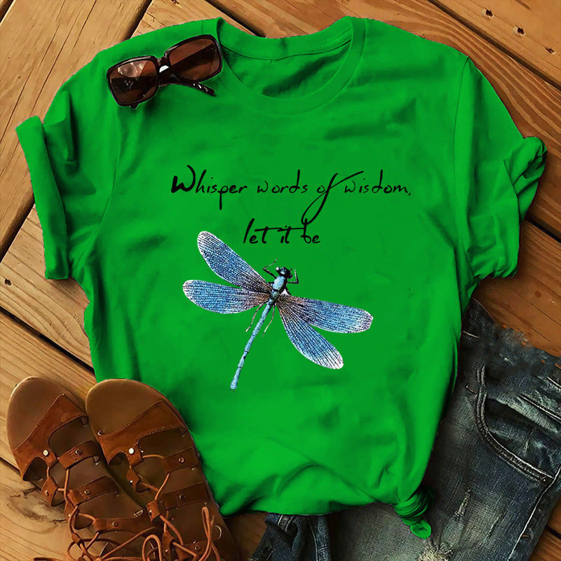 Let It Be Letter Dragonfly Print Casual Women&