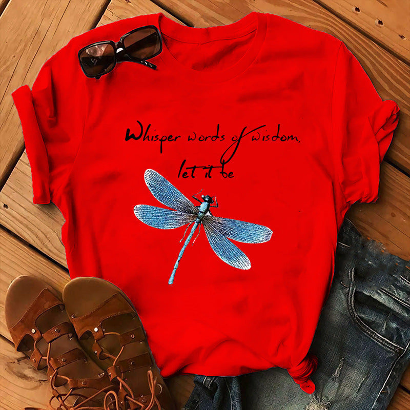 Let It Be Letter Dragonfly Print Casual Women&