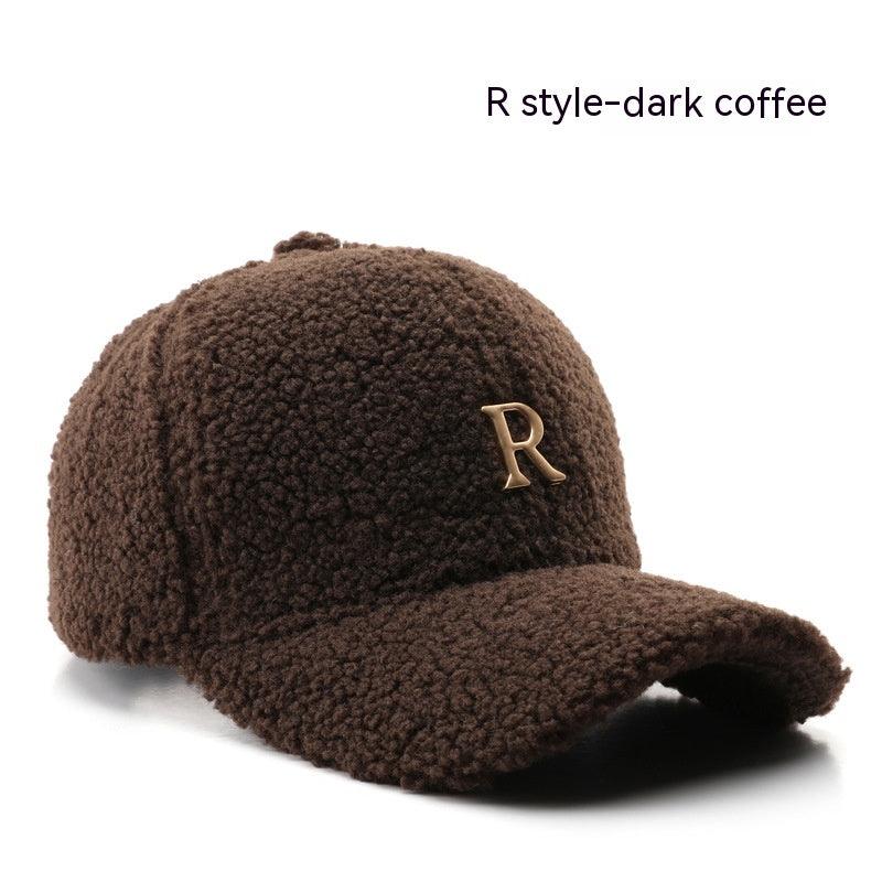 Autumn And Winter Letter R Solid Color Lamb Wool Baseball Cap Outdoor Sun Protection - Fashion - Your-Look