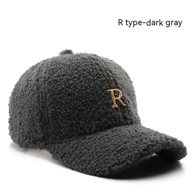 Autumn And Winter Letter R Solid Color Lamb Wool Baseball Cap Outdoor Sun Protection - Fashion - Your-Look
