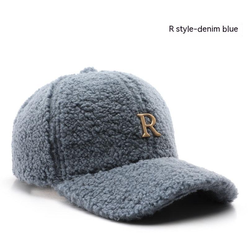 Autumn And Winter Letter R Solid Color Lamb Wool Baseball Cap Outdoor Sun Protection - Fashion - Your-Look