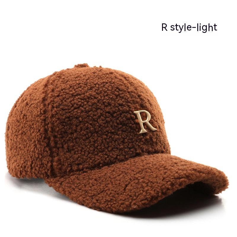Autumn And Winter Letter R Solid Color Lamb Wool Baseball Cap Outdoor Sun Protection - Fashion - Your-Look