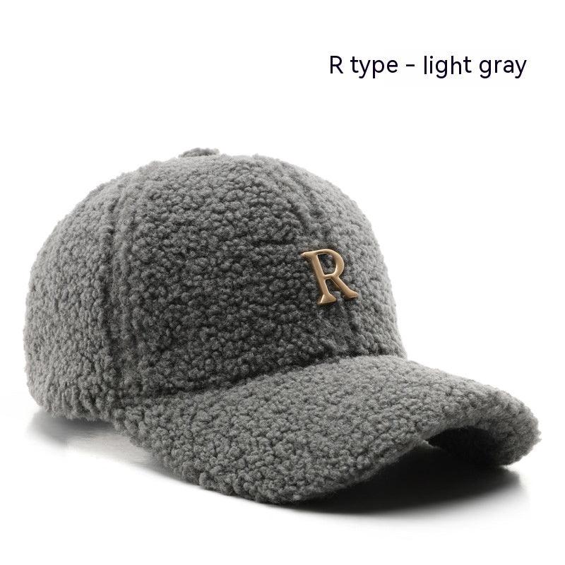 Autumn And Winter Letter R Solid Color Lamb Wool Baseball Cap Outdoor Sun Protection - Fashion - Your-Look