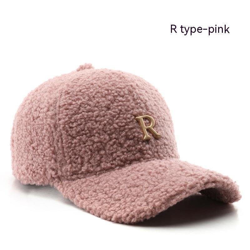 Autumn And Winter Letter R Solid Color Lamb Wool Baseball Cap Outdoor Sun Protection - Fashion - Your-Look