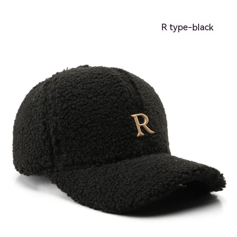 Autumn And Winter Letter R Solid Color Lamb Wool Baseball Cap Outdoor Sun Protection - Fashion - Your-Look