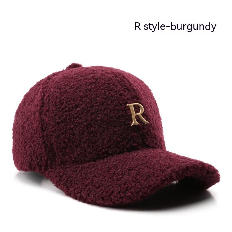 Autumn And Winter Letter R Solid Color Lamb Wool Baseball Cap Outdoor Sun Protection - Fashion - Your-Look