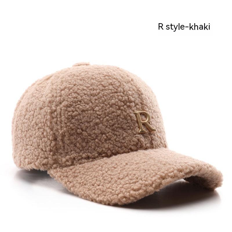 Autumn And Winter Letter R Solid Color Lamb Wool Baseball Cap Outdoor Sun Protection - Fashion - Your-Look