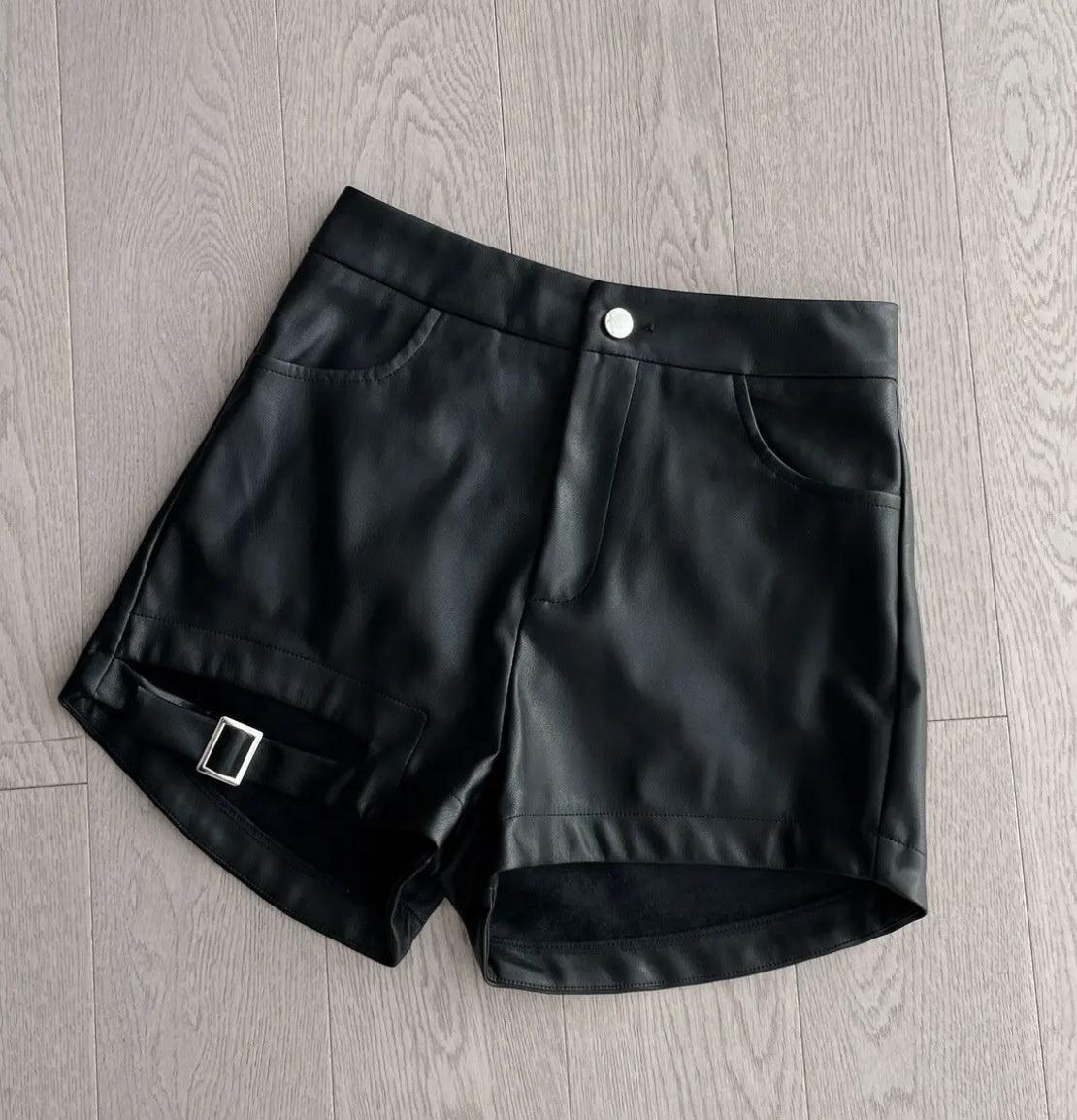 Black Buckle Washed Leather Shorts For Women - FASHION - Your-Look
