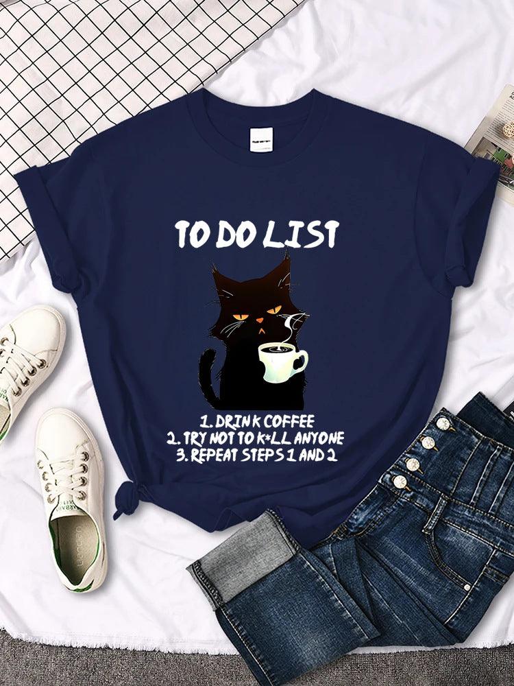 "Feline Agenda" Black Cat To-Do List Pattern T-Shirt - Add a Touch of Whimsy to Your Day Your-Look