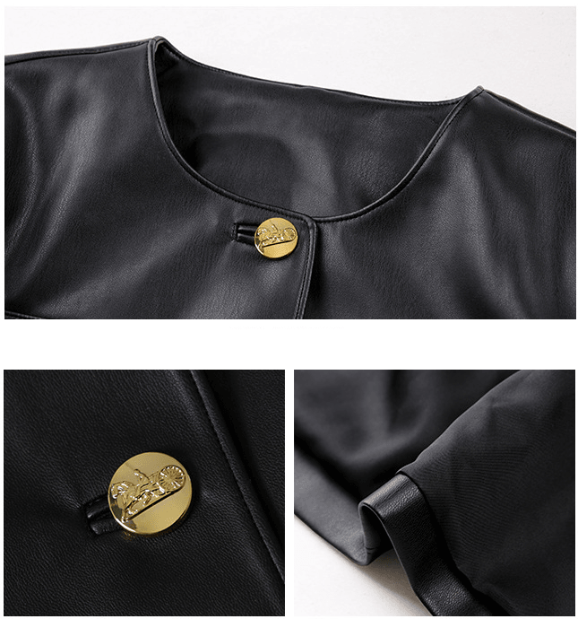 "Elevate Your Casual Chic: Black Round Neck Cardigan Faux Leather Jacket - Your-Look