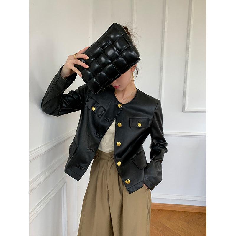 "Elevate Your Casual Chic: Black Round Neck Cardigan Faux Leather Jacket - Your-Look