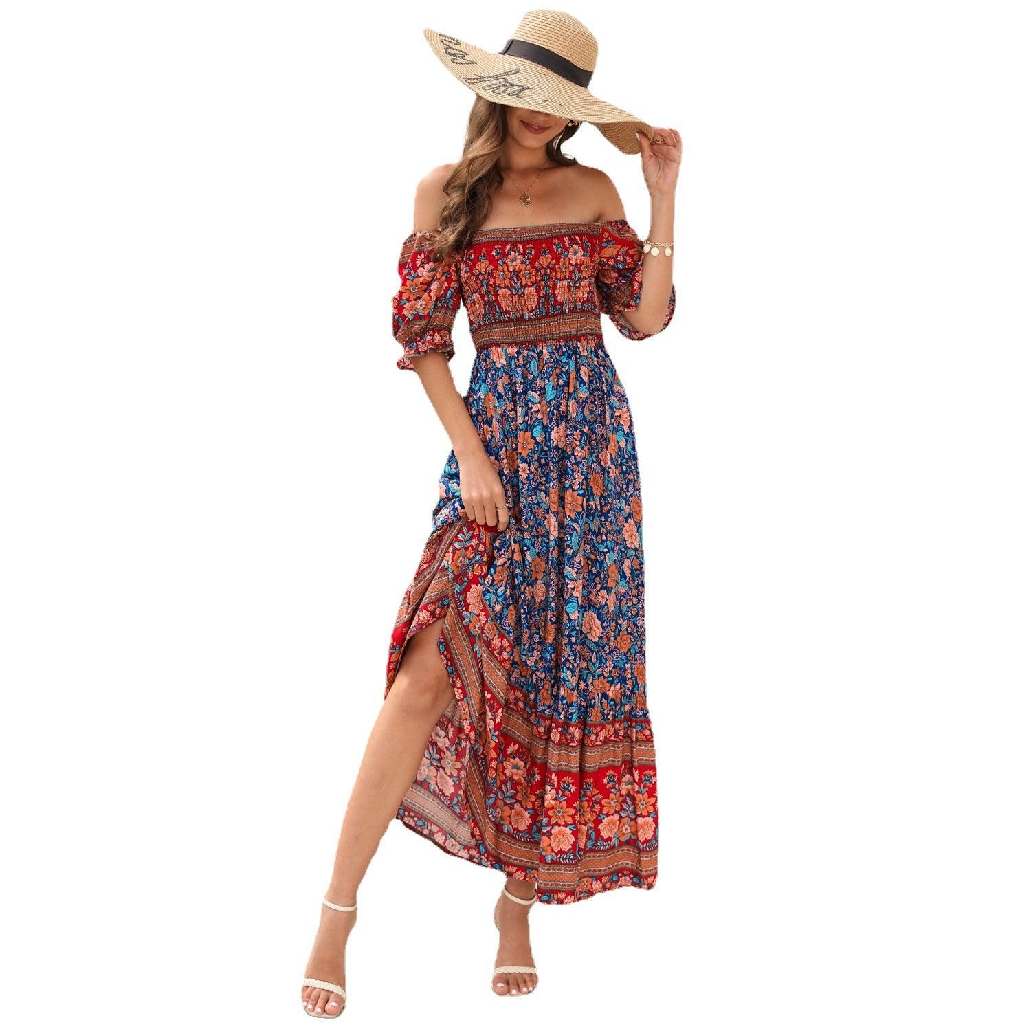 Bohemian Bliss: Beach Holiday Dress with Off-Shoulder Puff Sleeves