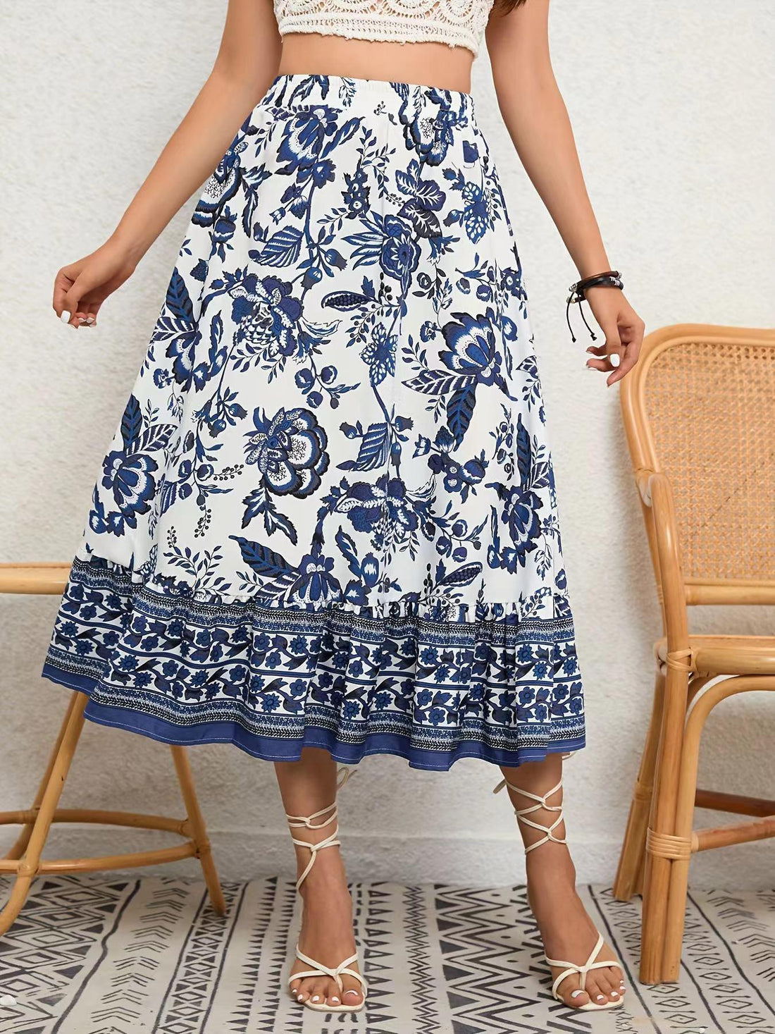 Bohemian Bliss: Blue & White Porcelain Skirt - Your-Look
