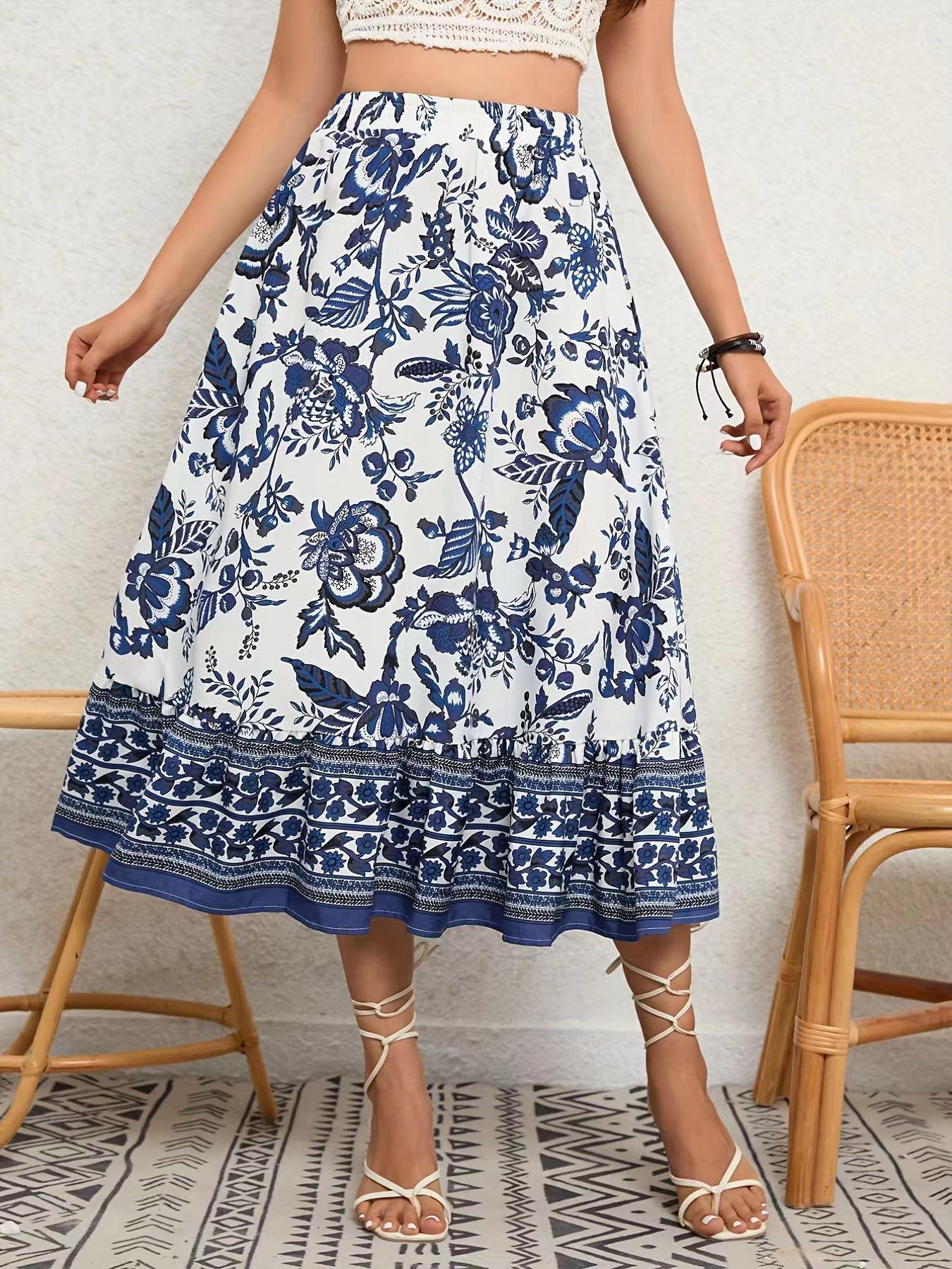 Bohemian Bliss: Blue & White Porcelain Skirt - Your-Look