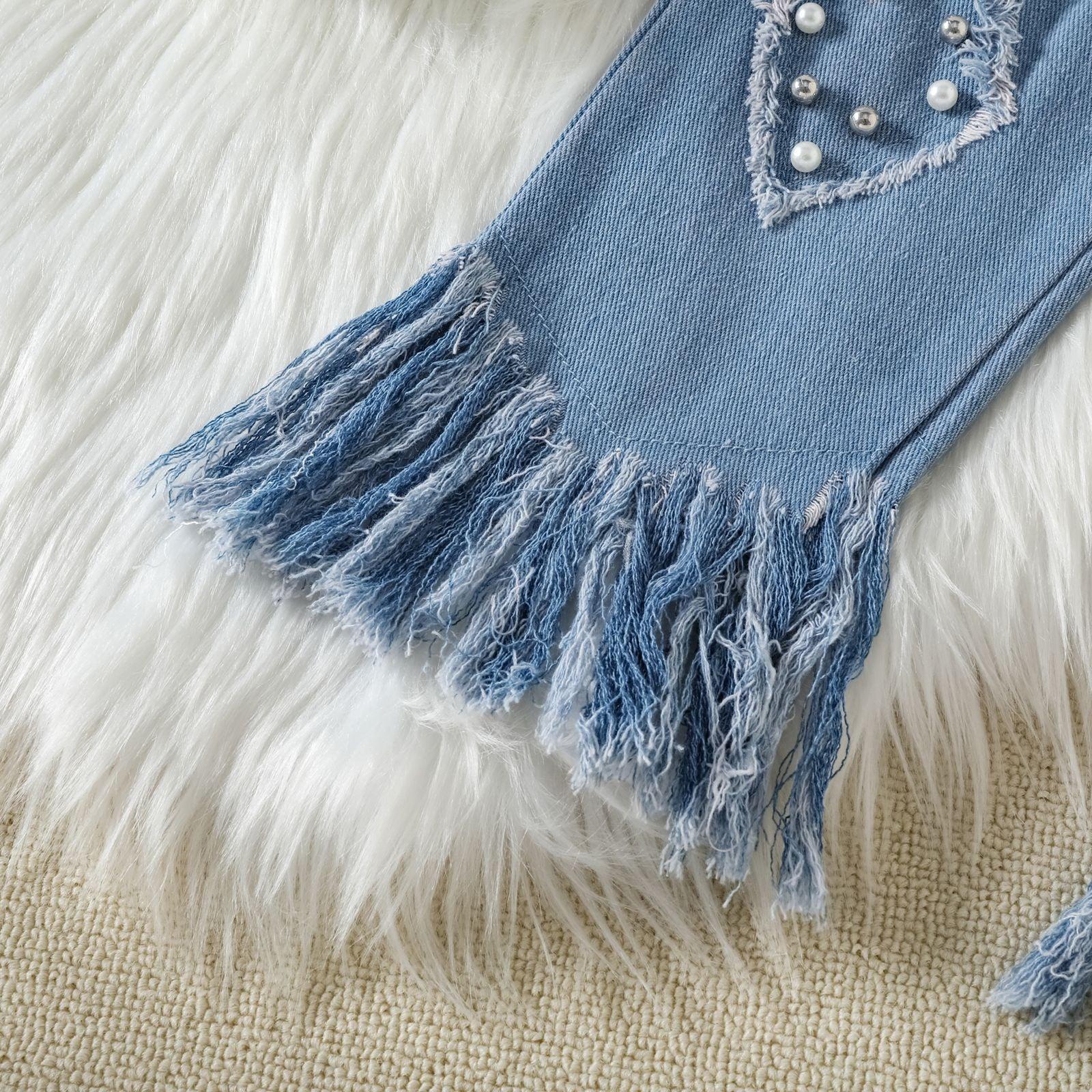 Girls Mesh Stitching Top Tassel Fur Trim Jeans Set - - Your-Look