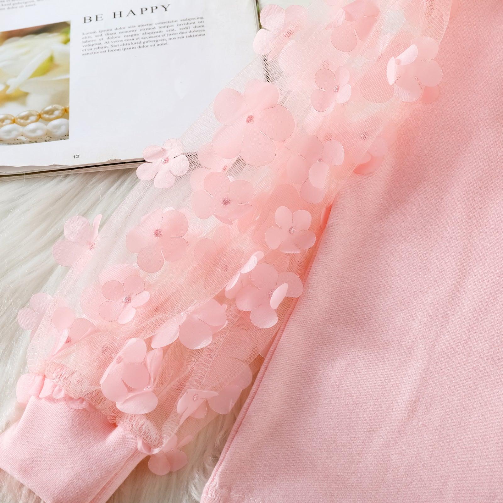 Girls Mesh Stitching Top Tassel Fur Trim Jeans Set - - Your-Look