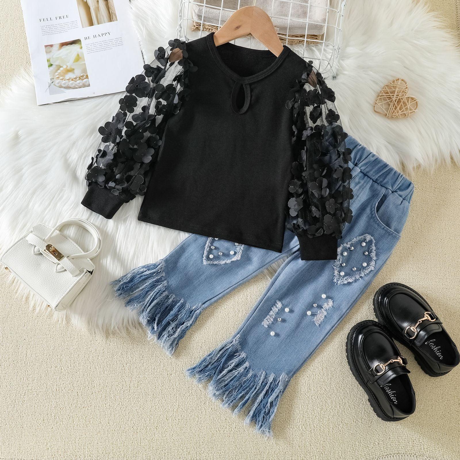 Girls Mesh Stitching Top Tassel Fur Trim Jeans Set - - Your-Look