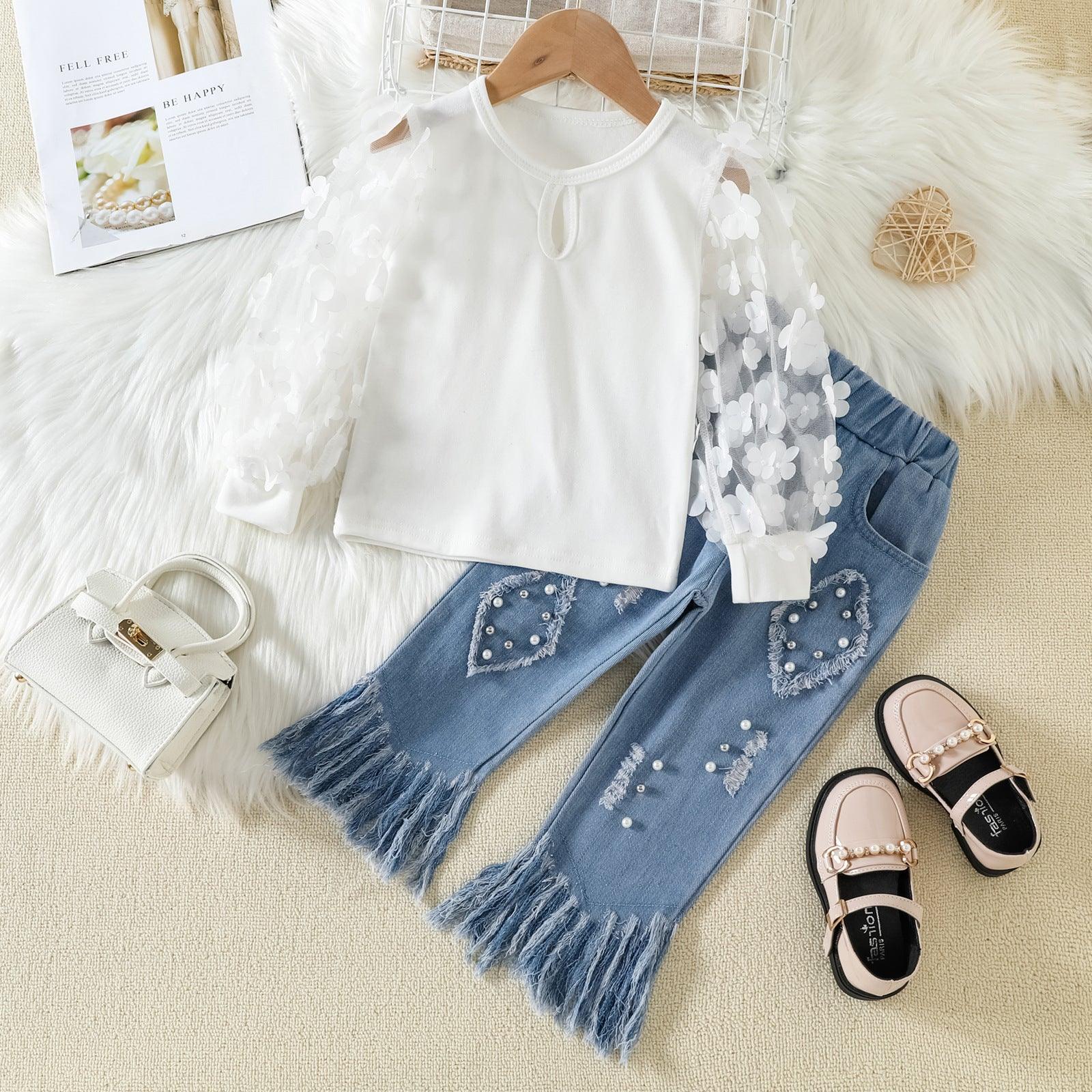 Girls Mesh Stitching Top Tassel Fur Trim Jeans Set - - Your-Look