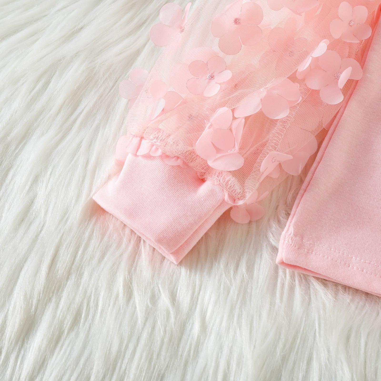 Girls Mesh Stitching Top Tassel Fur Trim Jeans Set - - Your-Look