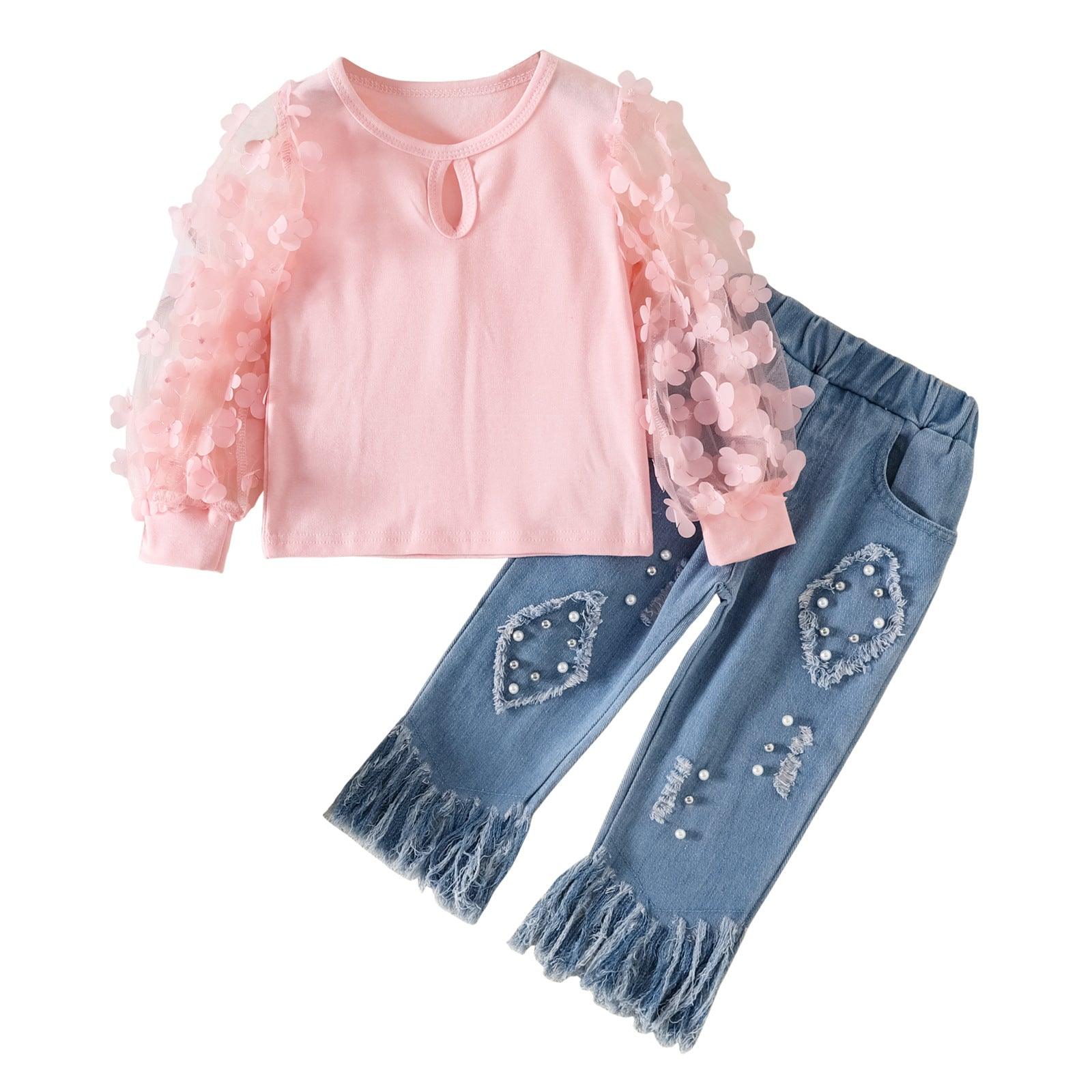 Girls Mesh Stitching Top Tassel Fur Trim Jeans Set - - Your-Look