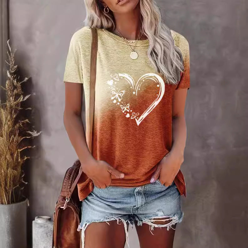 Love Gradient Printing T-shirt - Fashion Street Short Sleeve Round Neck Straight Top