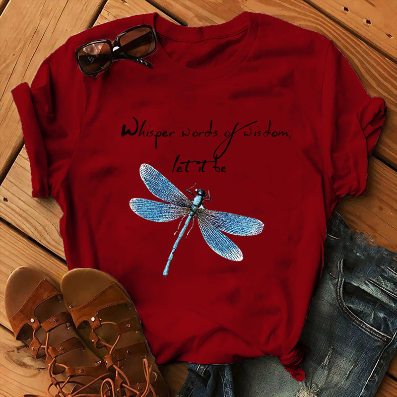 Let It Be Letter Dragonfly Print Casual Women&
