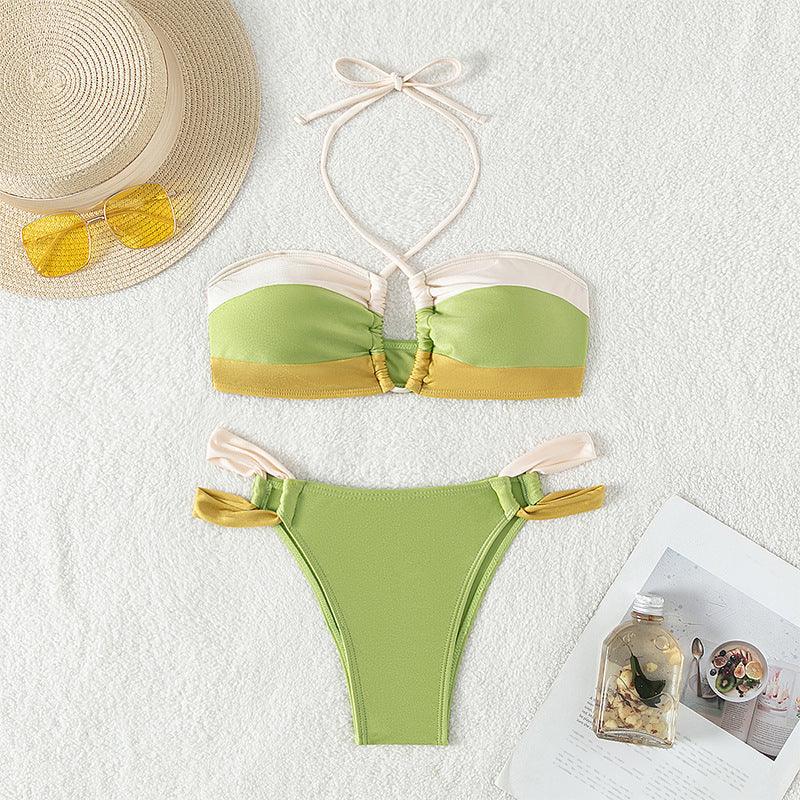 "Chic Harmony" Contrast Color Bikini Halter Lace-up Suit - Elevate Your Beachside Glamour - Your-Look