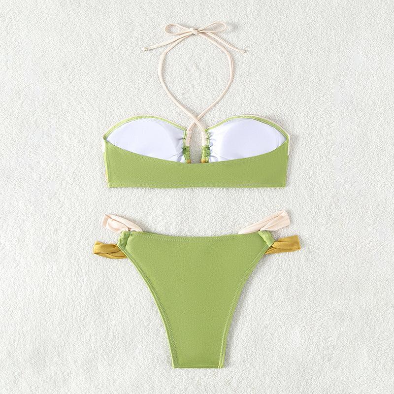 "Chic Harmony" Contrast Color Bikini Halter Lace-up Suit - Elevate Your Beachside Glamour - Your-Look