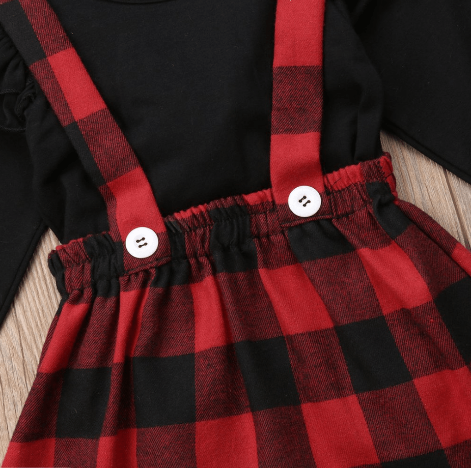 Foreign trade platform new size girls black long-sleeved plaid strap dress two-piece set factory wholesale - - Your-Look
