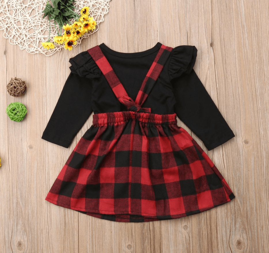 Foreign trade platform new size girls black long-sleeved plaid strap dress two-piece set factory wholesale - - Your-Look