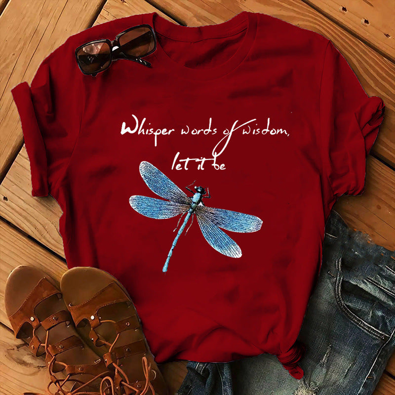 Let It Be Letter Dragonfly Print Casual Women&