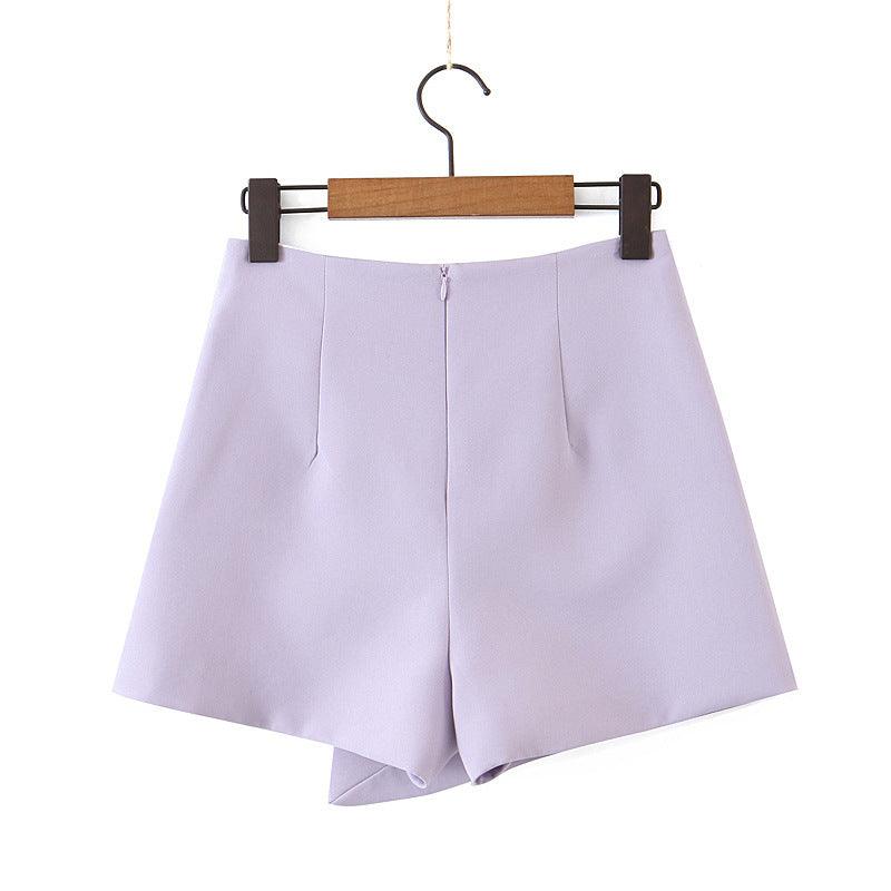 Office Chic Ensemble: Double-Breasted Button Short Women Blazer with High-Waist Irregular Shorts - Your-Look