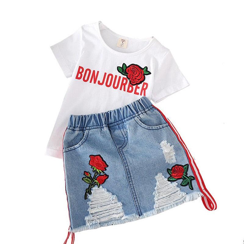 Kids Clothes White T-shirt Denim Skirt 2pcs Girls Suits - - Your-Look