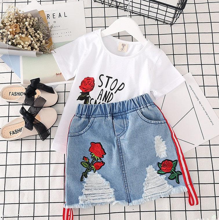 Kids Clothes White T-shirt Denim Skirt 2pcs Girls Suits - - Your-Look