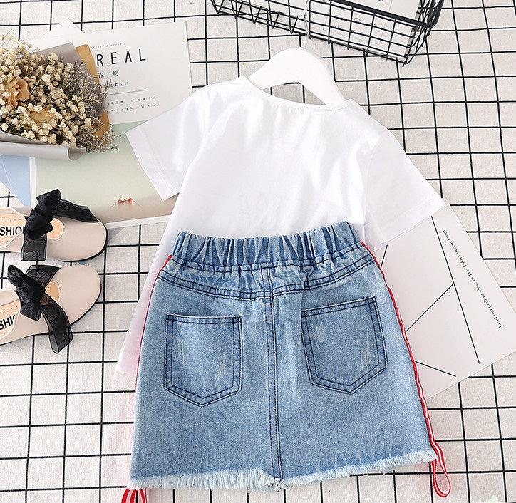 Effortless Style: White T-shirt & Denim Skirt 2-Piece Girls&