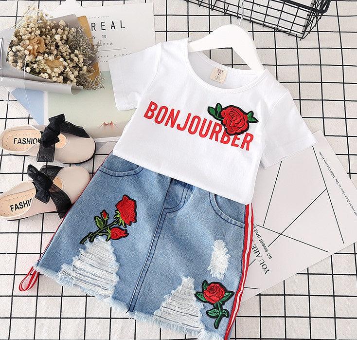 Kids Clothes White T-shirt Denim Skirt 2pcs Girls Suits - - Your-Look