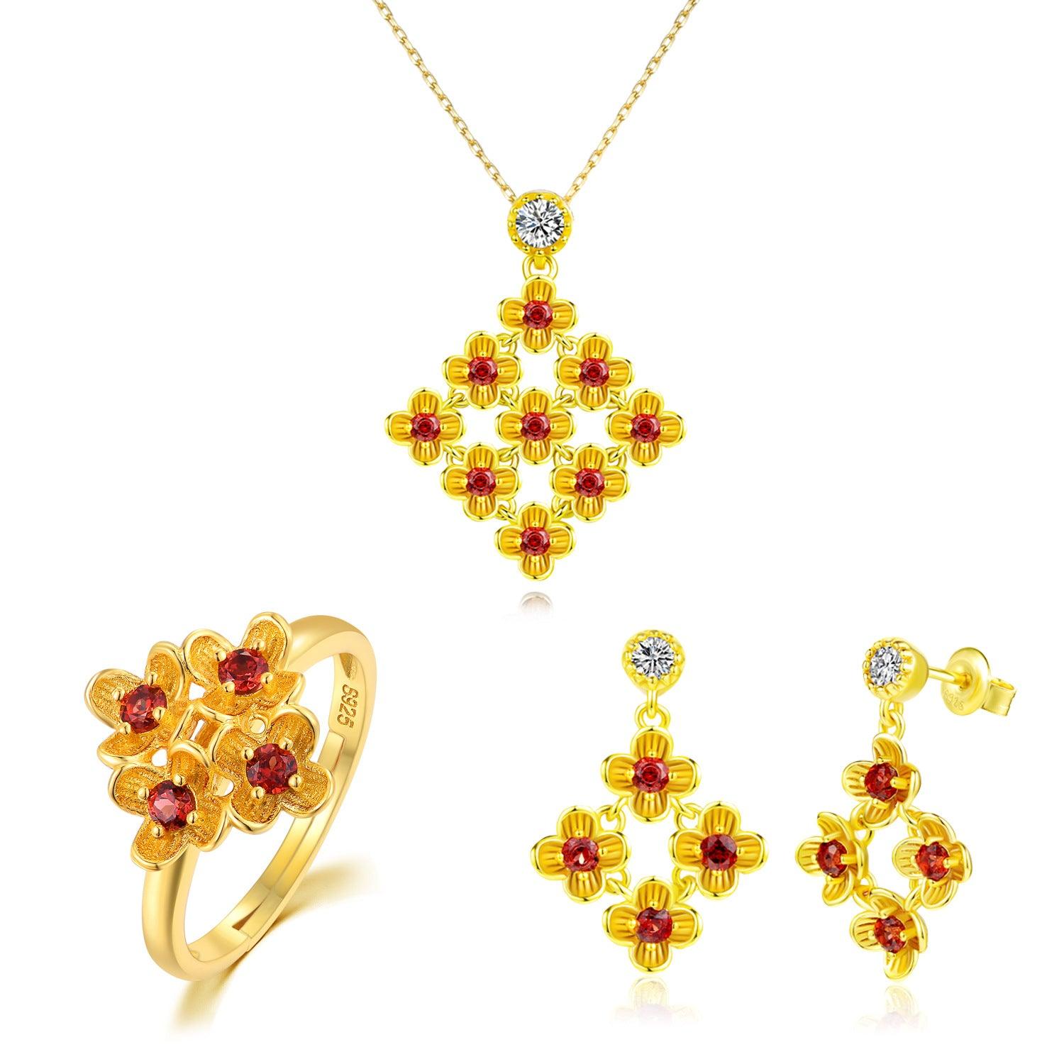 Elegant 925 Pure Silver Jewelry Set with Natural Garnet Flowers, 18K Gold Plated - Your-Look