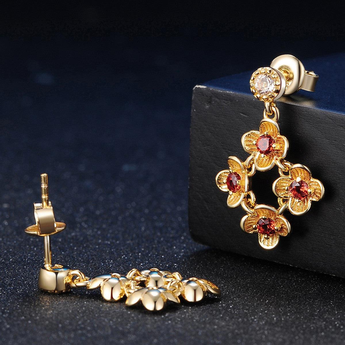 Elegant 925 Pure Silver Jewelry Set with Natural Garnet Flowers, 18K Gold Plated - Your-Look