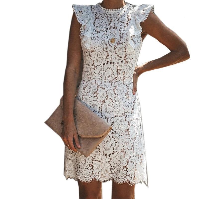 Elegant Chic: Lace Round Neck Sleeveless High Waist Dress - Your-Look