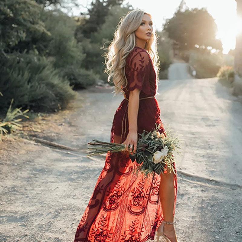 Elegant Temptation: Deep V-Neck Lace Perspective Tight-Sleeve Maxi Dress